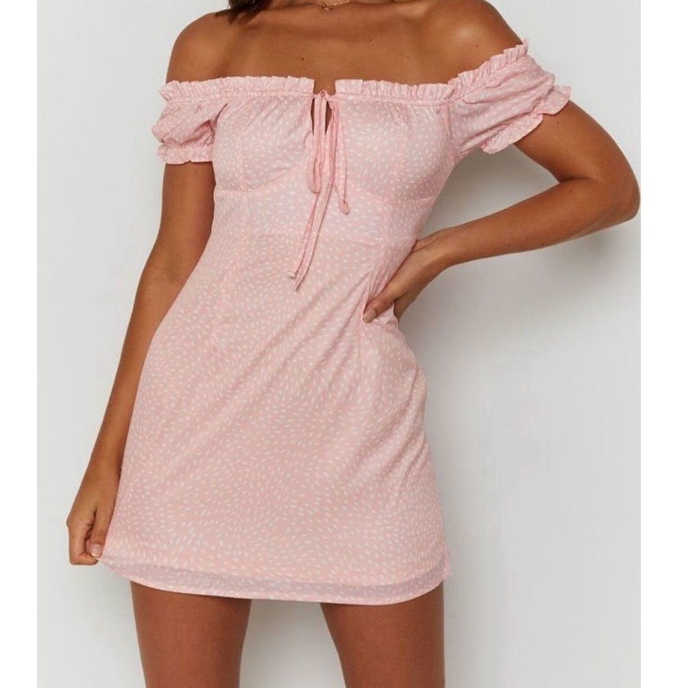 Peach pink off shoulder polka dot mini dress